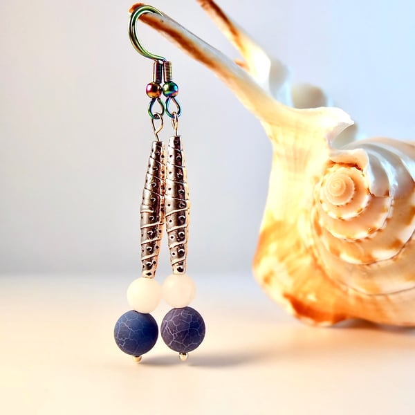 Blue Agate And White Jade Drop Earrings - Handmade In Devon