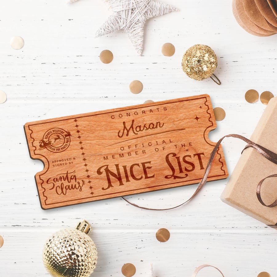 Nice List Ticket - Stamp: Personalised Santa's Nice List Wooden Certificate