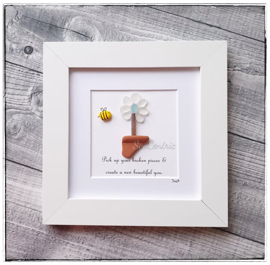 Framed seaglass, seapottery flower with inspirational quote, "Broken Pieces" 