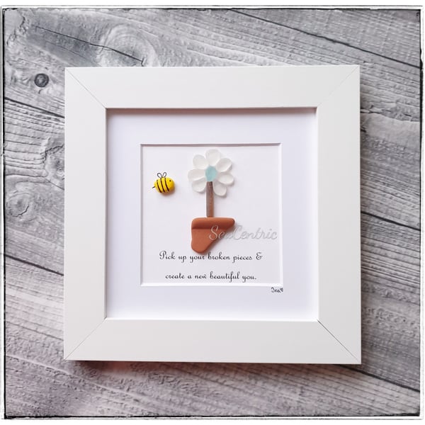 Framed seaglass, seapottery flower with inspirational quote, "Broken Pieces" 