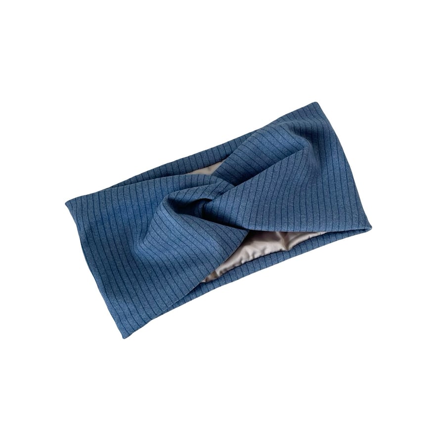 Denim Blue Satin Lined Twisted Headband Wide Brushed Knit Jersey Head Wrap