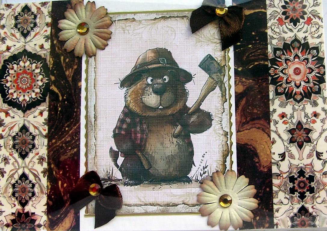 Comical Beaver - Hand Crafted Decoupage Greeting Card - Blank 2922