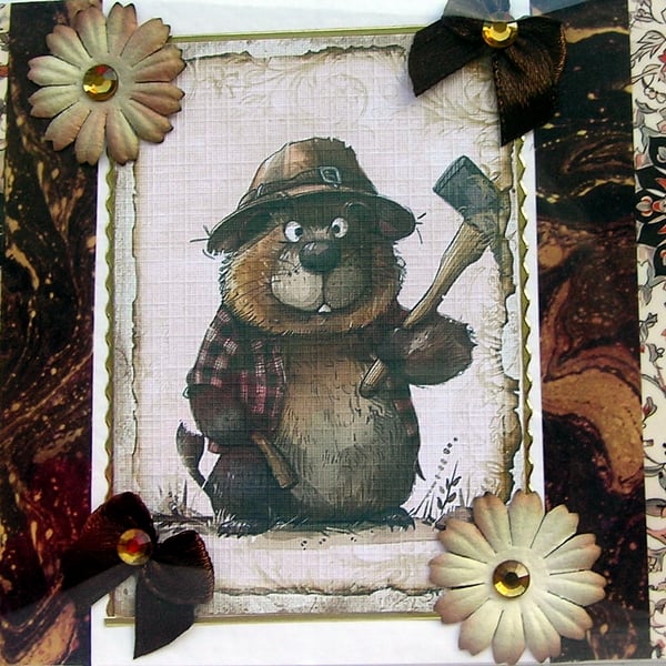 Comical Beaver - Hand Crafted Decoupage Greeting Card - Blank 2922