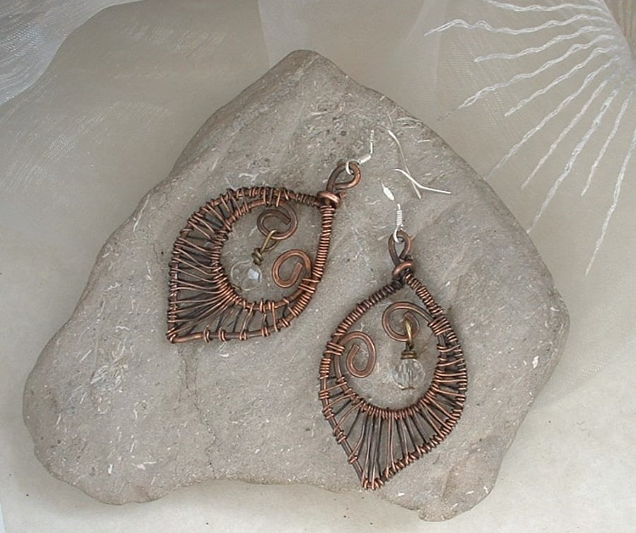 "Copper Leaf" Rustic Copper Wire Wrapped Earrings with Glass Bead Dangles