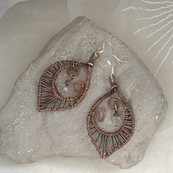 "Copper Leaf" Rustic Copper Wire Wrapped Earrings with Glass Bead Dangles