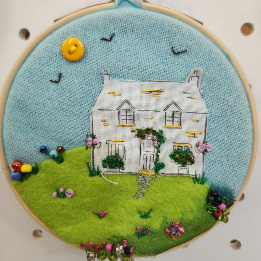 Make Your Own Embroidered Hanging Hoop Wall Art Kit - Daytime House On A Hill
