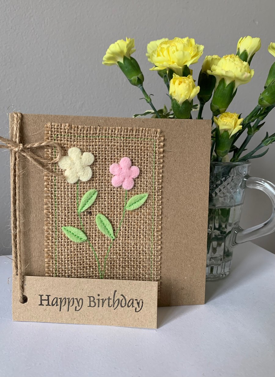 Birthday Card. Pale pink and cream flowers. Wool felt. Handmade.