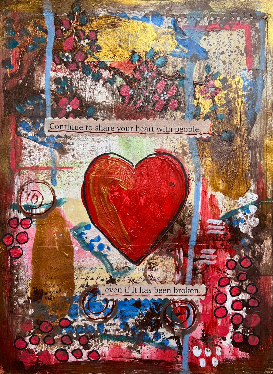 Acrylic Mixed Media Abstract collage painting on paper - Heart