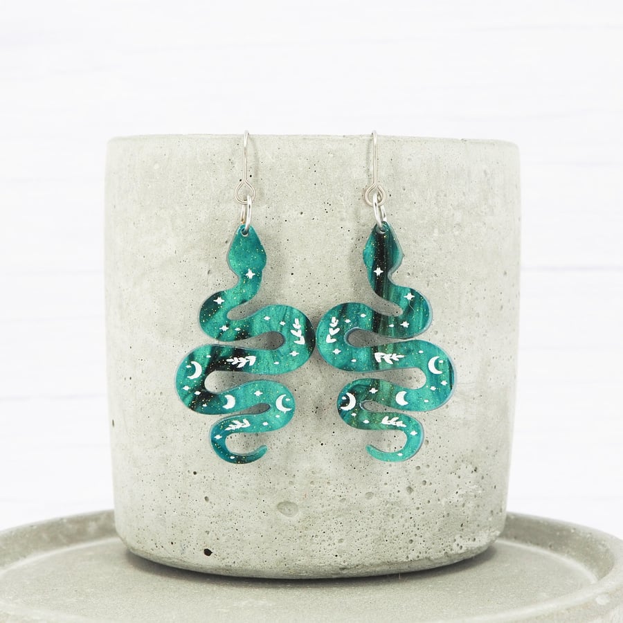 Titanium hypoallergenic ear wire - Folk snake dangle earrings - Green galaxy