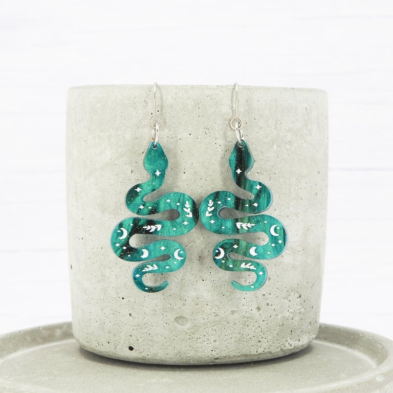Titanium hypoallergenic ear wire - Folk snake dangle earrings - Green galaxy