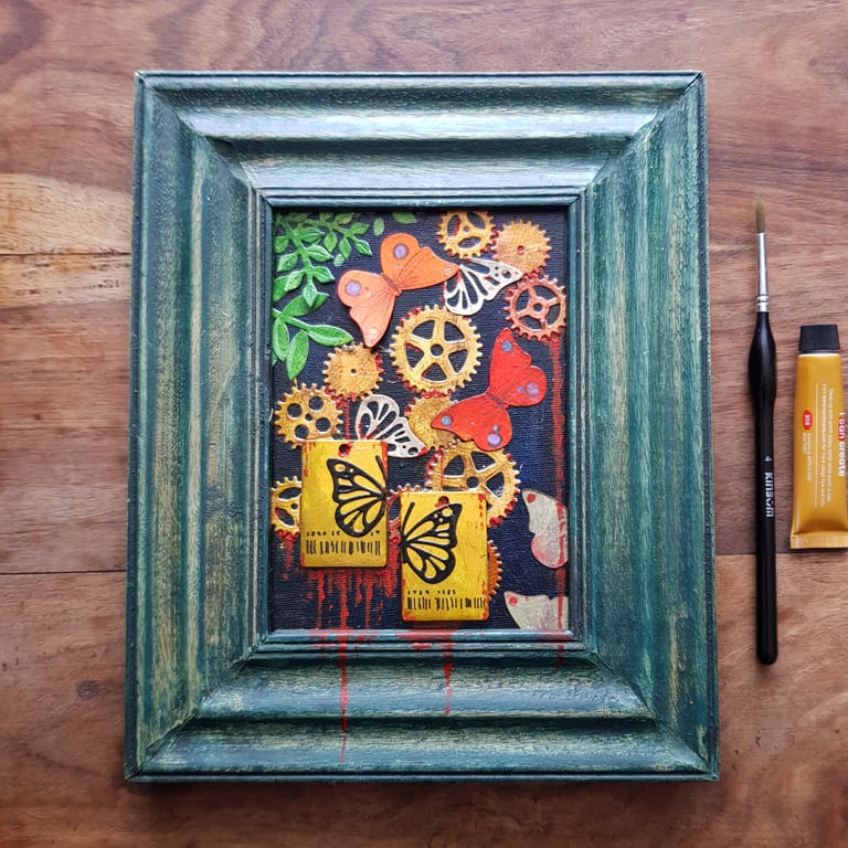 Red, orange butterflies, cogs and gears, framed original mixed media artwork 