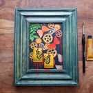 Red, orange butterflies, cogs and gears, framed original mixed media artwork 