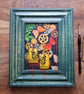 Red, orange butterflies, cogs and gears, framed original mixed media artwork 