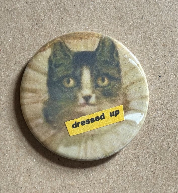 Collage pin badge - medieval cat meme - dressed up