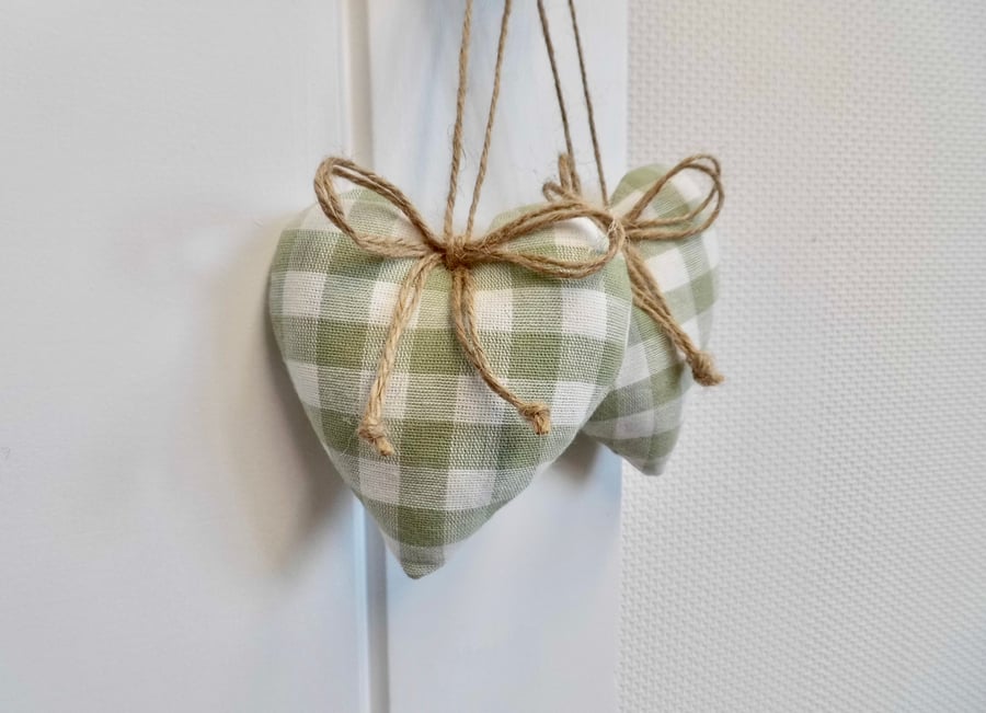 Pair heart shape decorations Laura Ashley green gingham check