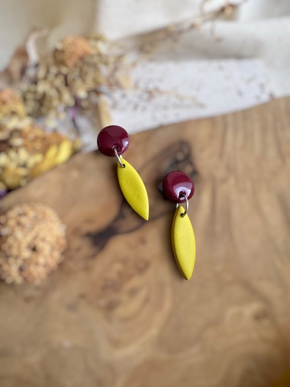 Autumn Deep Plum & Chartreuse Willow Leaf Polymer Clay Earrings