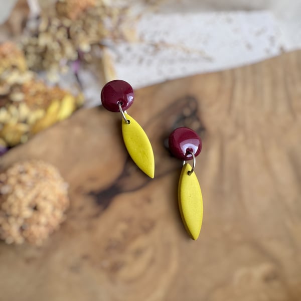 Autumn Deep Plum & Chartreuse Willow Leaf Polymer Clay Earrings