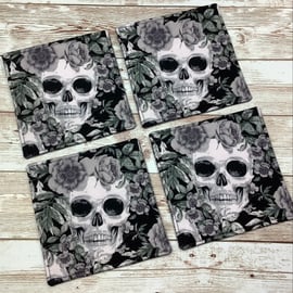 Skulls and roses coaster set, Gothic fabric coaster set of 4, Handmade