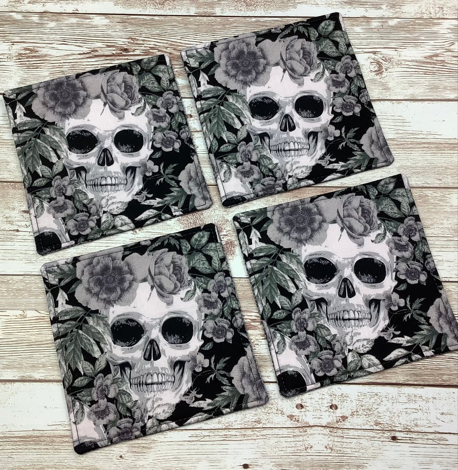 Skulls and roses coaster set, Gothic fabric coaster set of 4, Handmade