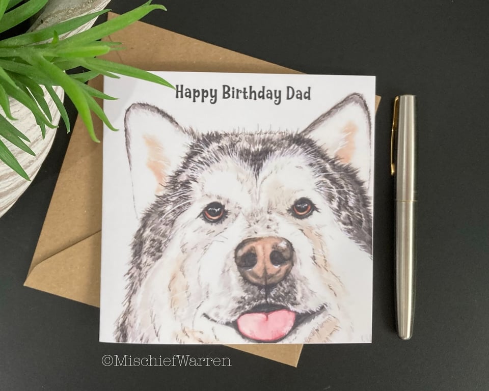 Alaskan Malamute Card; birthday, blank or personalised Malamute dog card. 