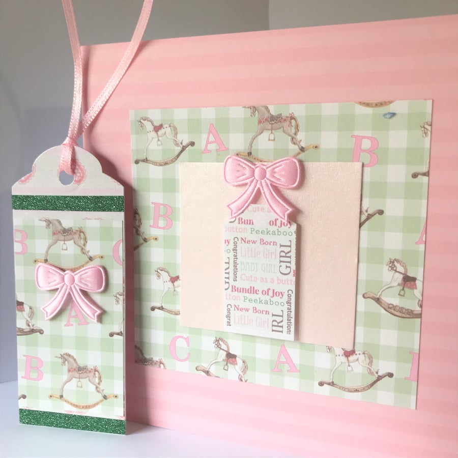 SALE Handmade New Baby Girl card 6x6 ins Pink Green Rock a bye Matching Gift tag
