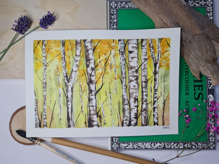 Autumnal silver birch trees art, Original watercolour art