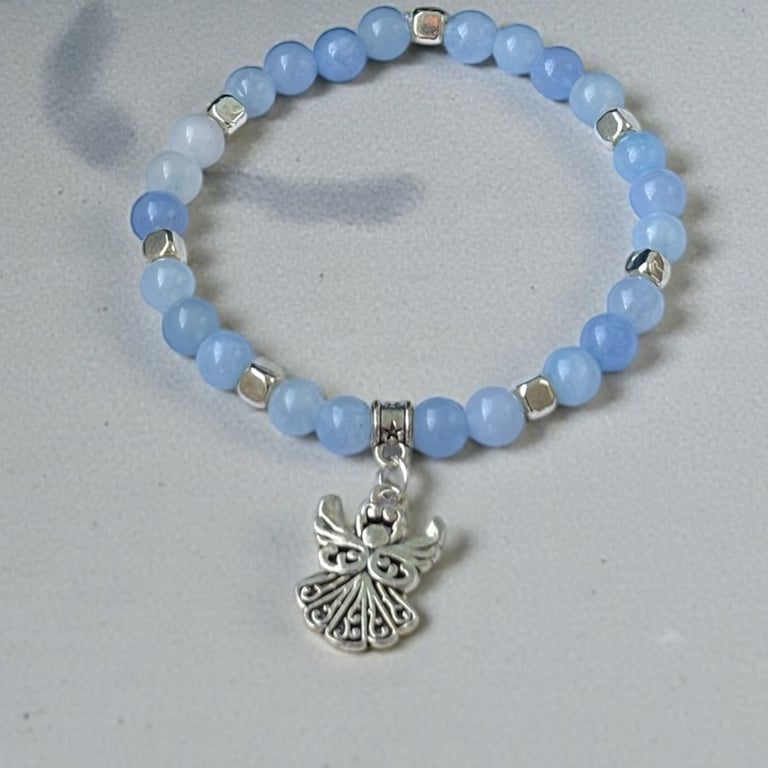 Aquamarine Bracelet with Angel Charm,March Birthday,