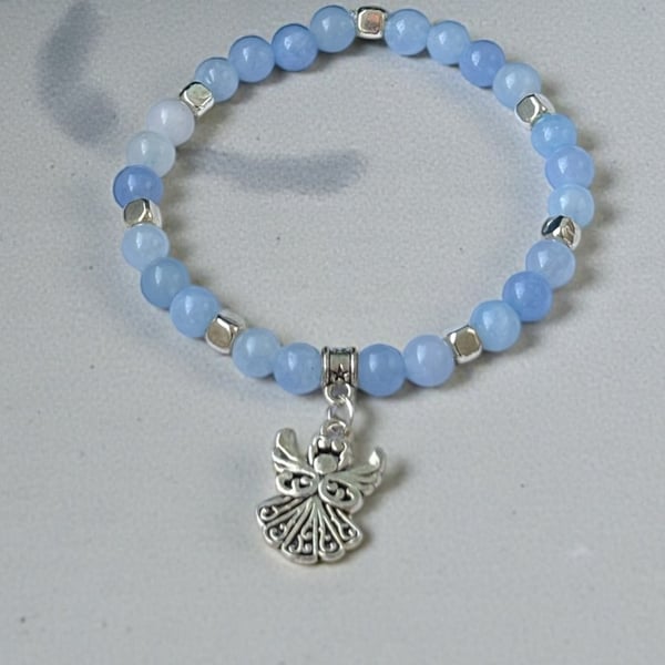 Aquamarine Bracelet with Angel Charm,March Birthday,