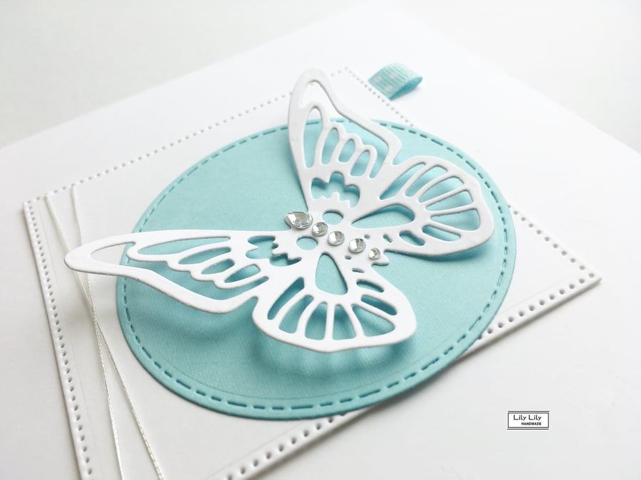 All Occasion Blank Card, Ice Blue Butterfly design