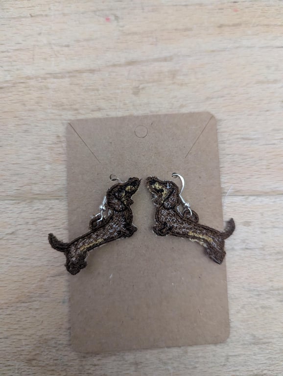 Embroidered Dachshund Earrings: Sausage Dog Dangle Jewelry
