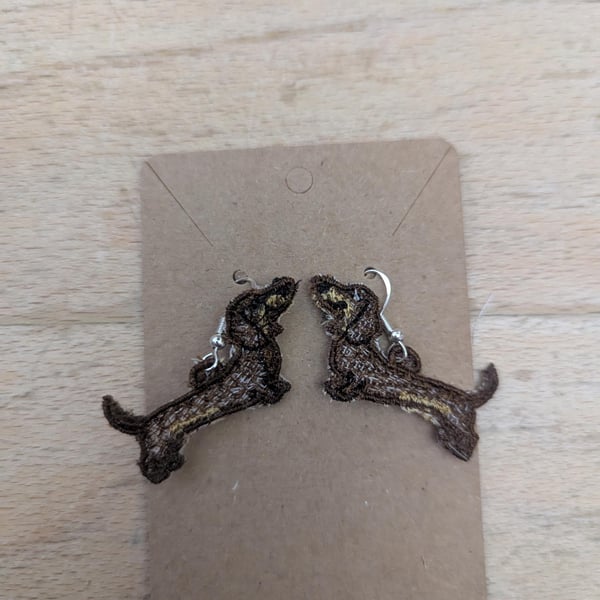 Embroidered Dachshund Earrings: Sausage Dog Dangle Jewelry