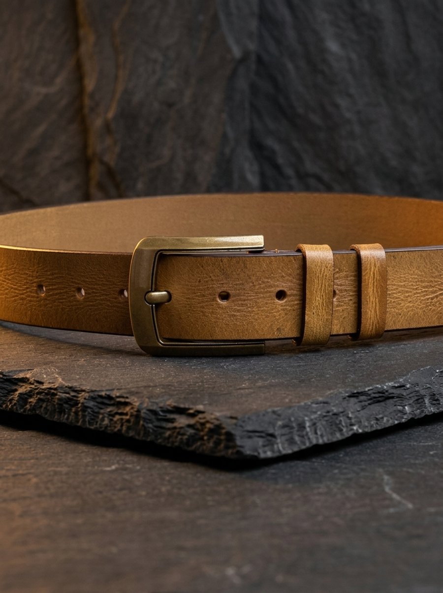 Image of Mustard Tan Full Grain Vintage Textured Belt Heritage Brass Buckle Mens 38mm