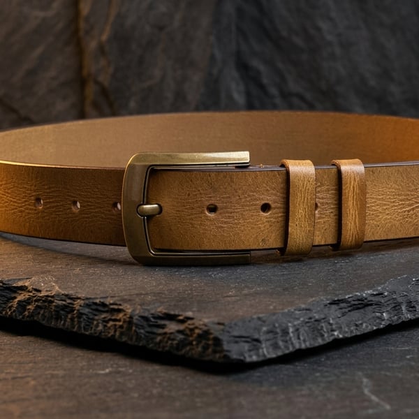 Mustard Tan Full Grain Vintage Textured Belt Heritage Brass Buckle Mens 38mm