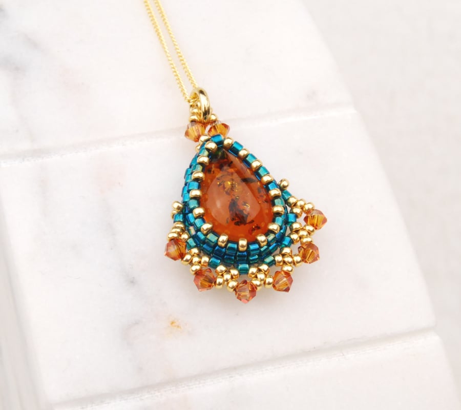 Amber and crystal pendant, Green gold copper, Gold plated sterling silver chain