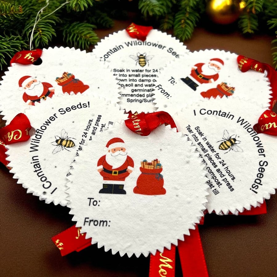 Set of Six Santa Gift Tags on Plantable Wildflower Seeded Paper