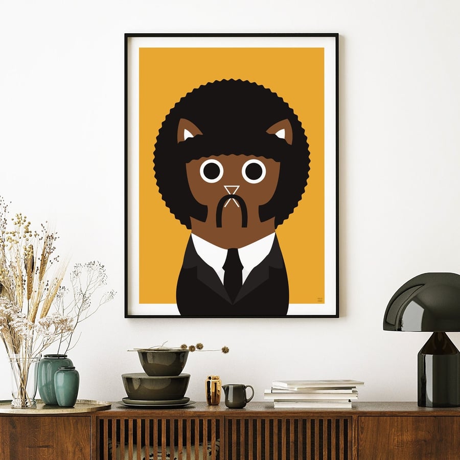Jules Cat Wall Art Print, Pulp Fiction Style Print, Movie Art, Cat Art A4