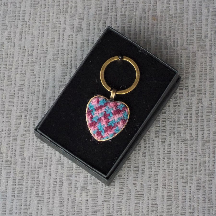 Harris tweed heart keyring pink and blue dogtooth key fob love heart gift