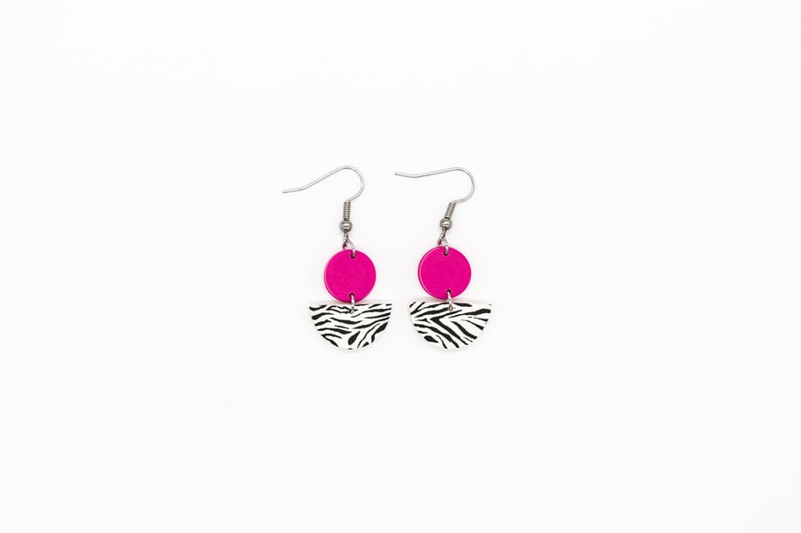 JULIE Statement Earrings in Hot Pink and Classic Zebra Pattern