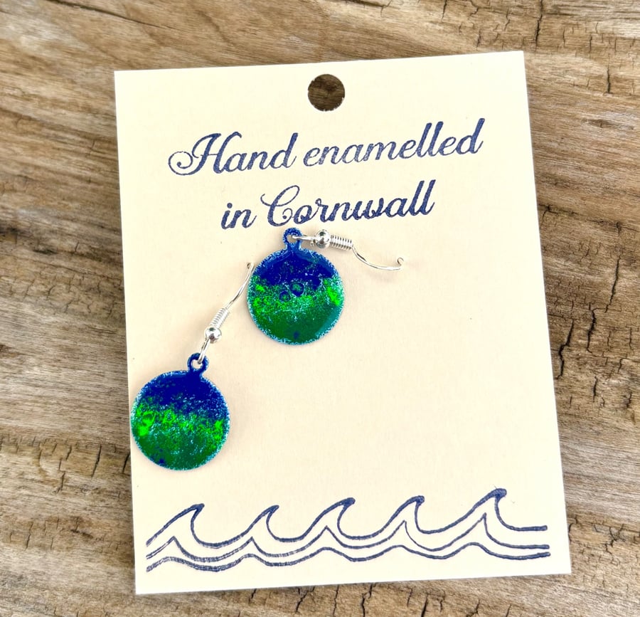 Hand enamelled Cornish seas earrings on sterling silver ear hooks 