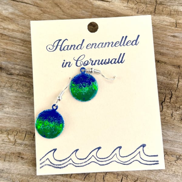 Hand enamelled Cornish seas earrings on sterling silver ear hooks 