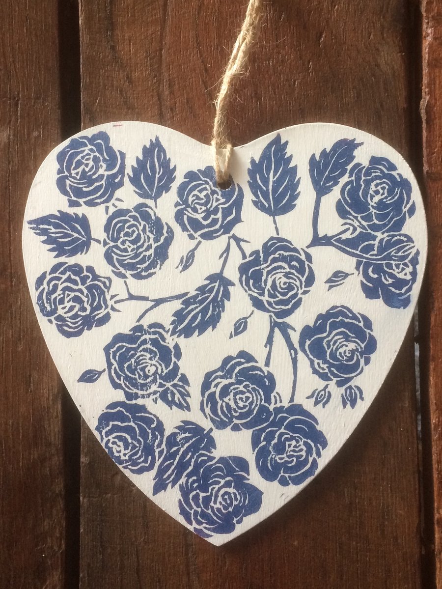 Wooden Heart Hand Printed with Roses