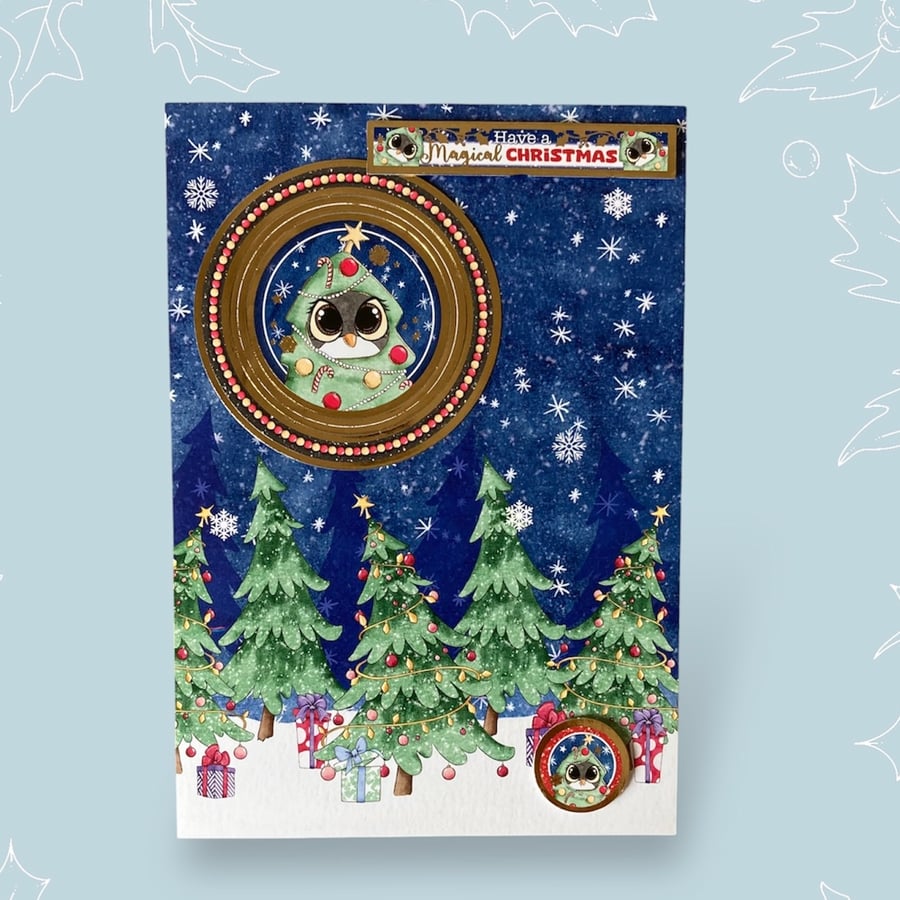 Luxury Christmas Card. Christmas Card with Trees and a Cute Bird.