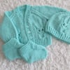 REDUCED 14"  Baby Boys Owl Cardigan Hat  and Bootees