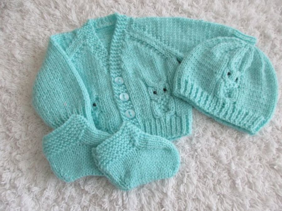 REDUCED 14"  Baby Boys Owl Cardigan Hat  and Bootees