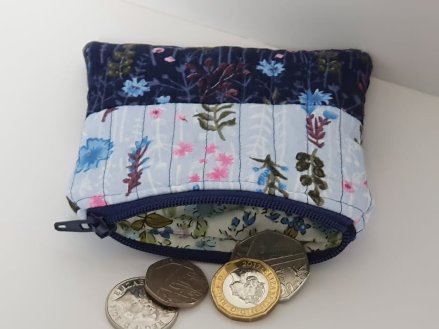 Quilted Coin Purse in Blue Florals 