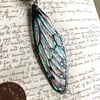 Iridescent Black Veined Aurora Borealis Fairy Wing Sterling Silver Necklace