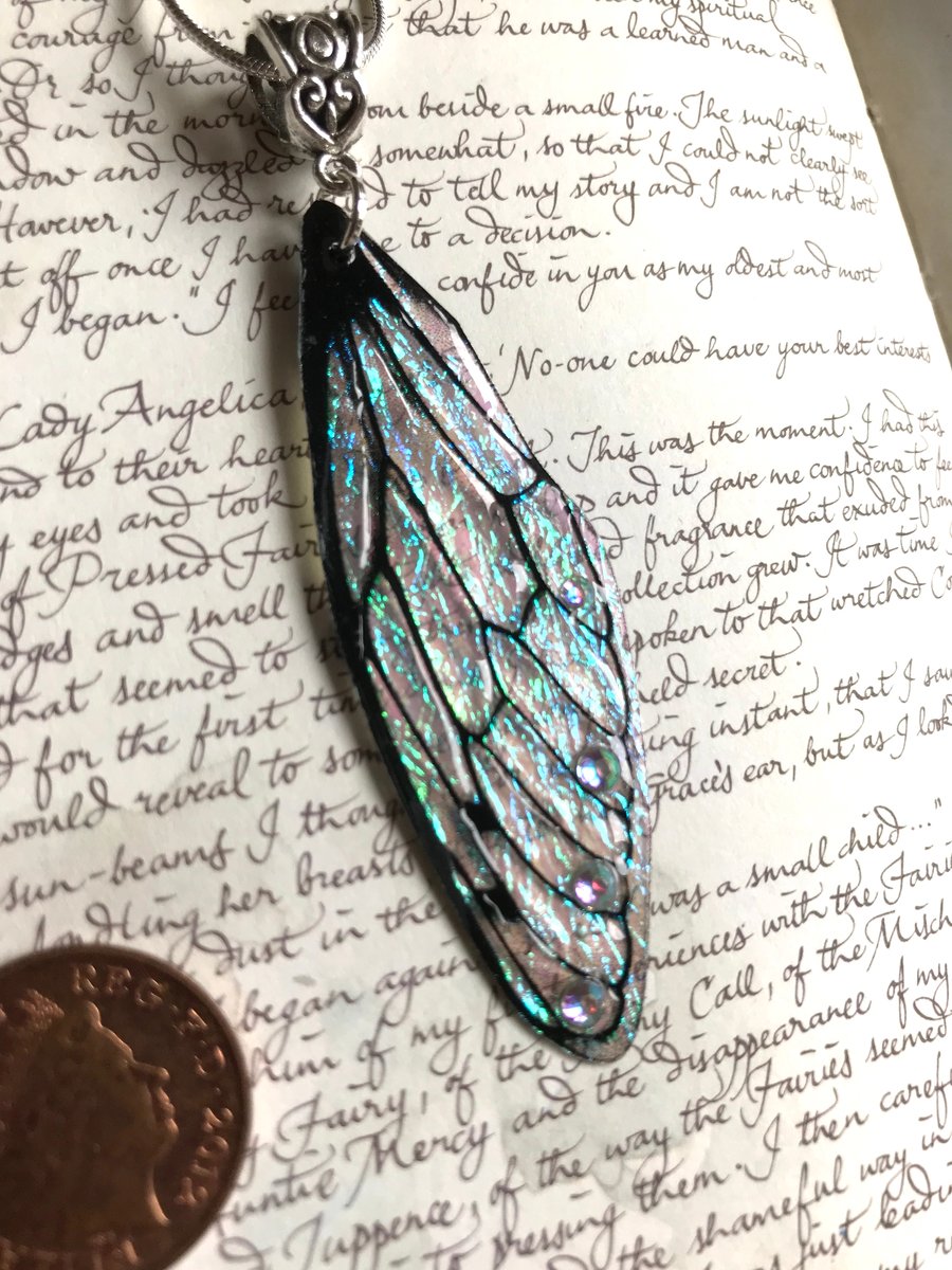 Iridescent Black Veined Aurora Borealis Fairy Wing Sterling Silver Necklace