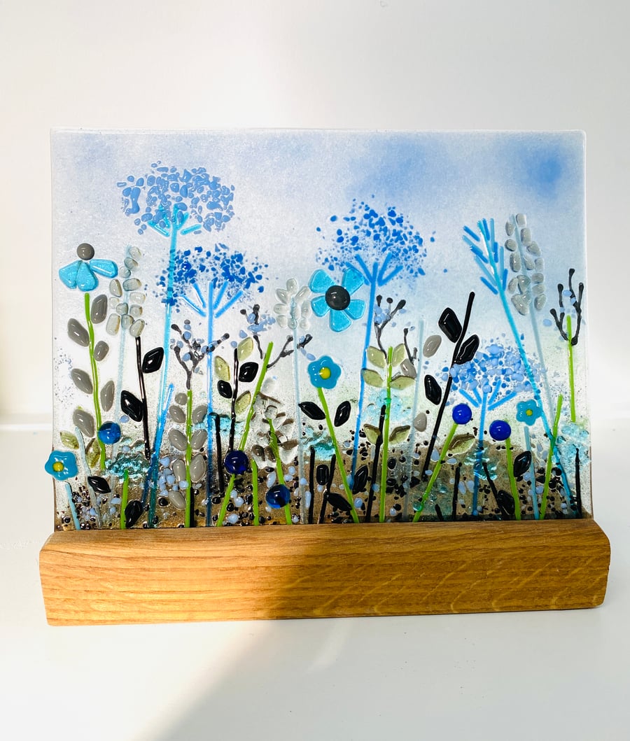 Fused glass meadow flowers panel in oak 