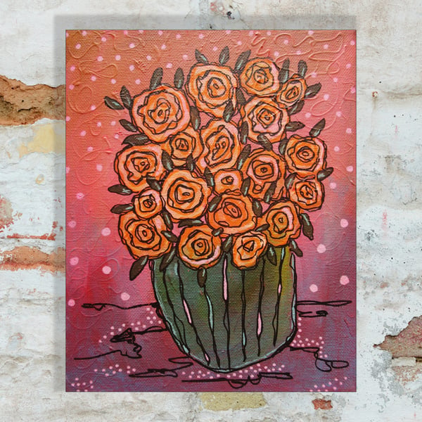 Small Floral Painting On Canvas Still Life Flowers In Vase Funky Bright Artwork