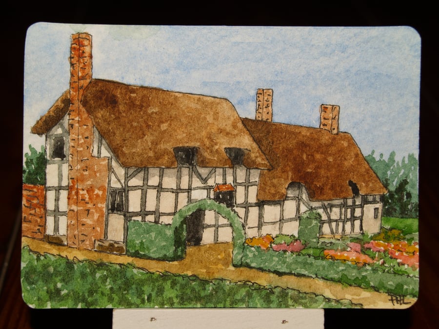 ACEO Original Tudor Thatched Cottage and Garden